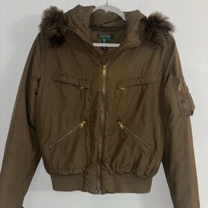 Rare Y2K Lauren Ralph Lauren Bomber Jacket Faux Fur Hood